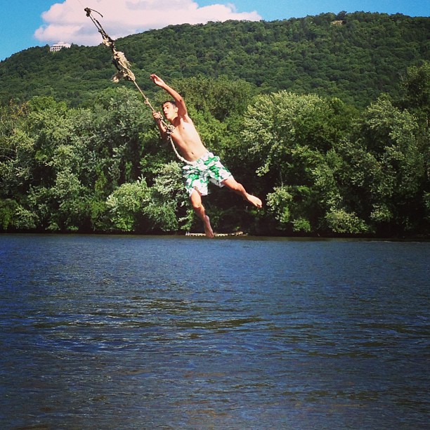 Johnny on Rope Swin on Connecticut River Mitchs Island on boat western ma