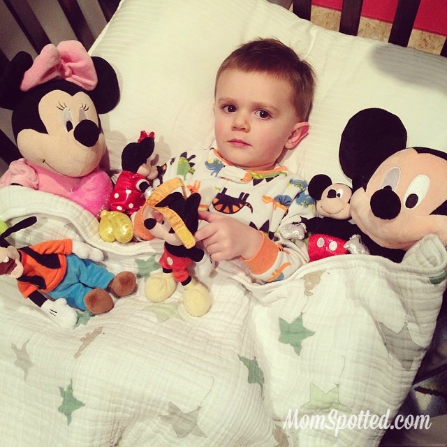 Sawyer James sleeping in bed/crib toddler mickey mouse aden anais