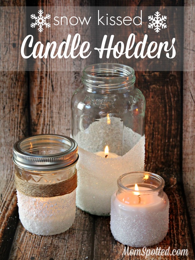 How to Make Easy Decorative Snow Kissed Candle Holders {DIY Mason Jar Snowy Winter Craft} Tutorial Found on momspotted.com #FunCraftsWithMom