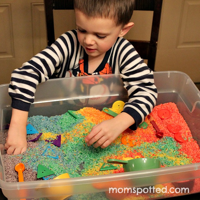 Make Your Own Rainbow Rice for Sensory Play {Fun Crafts With Mom} Sensory Tub with Sawyer