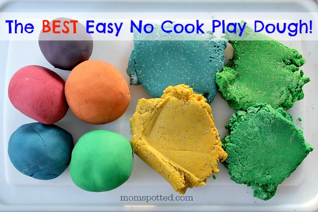 Make this super simple no cook play dough for the best kids playdough around! It's soft, easy to color, and stores well for weeks and weeks! Find recipe on momspotted.com
