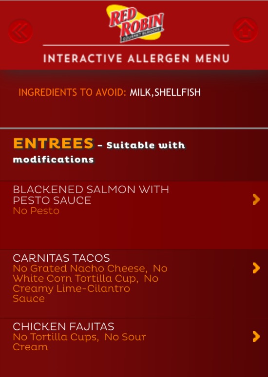 Red Robin, Interactive Allergen Menu