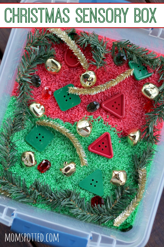 Preschool Christmas Sensory Bin Using Rainbow Rice {#FunCraftsWithMom}