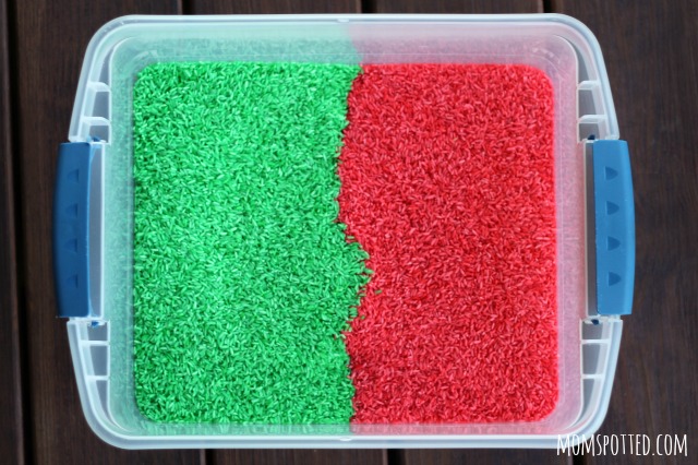 Preschool Christmas Sensory Bin Using Rainbow Rice {Fun Crafts with Mom}