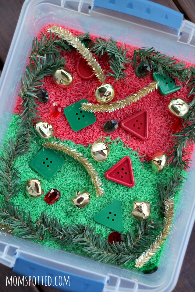 Preschool Christmas Sensory Bin Using Rainbow Rice {Fun Crafts with Mom}