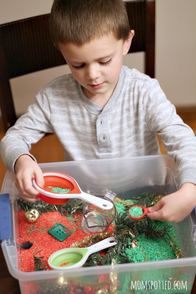 Preschool Christmas Sensory Bin Using Rainbow Rice {Fun Crafts with Mom}