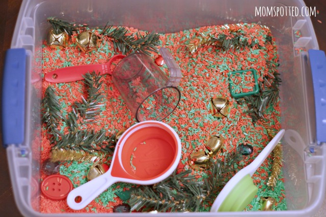 Preschool Christmas Sensory Bin Using Rainbow Rice {Fun Crafts with Mom}